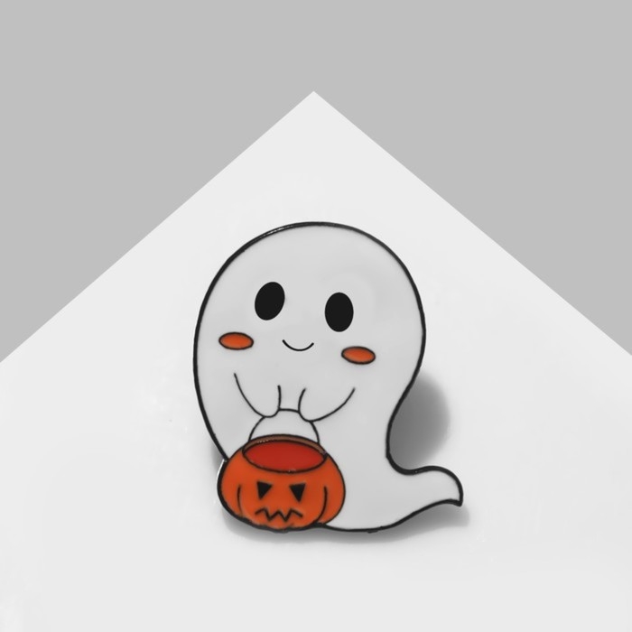 Значок &laquo;Привидение &raquo; с корзинкой, цвет бело-оранжевый в чёрном металле