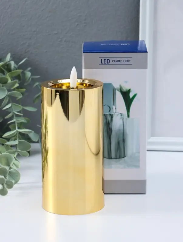 Светодиодная свеча LED "Столбик. Глянец" от батареек 3хАА, золото, мерцающая 7,5х7,5х12 см