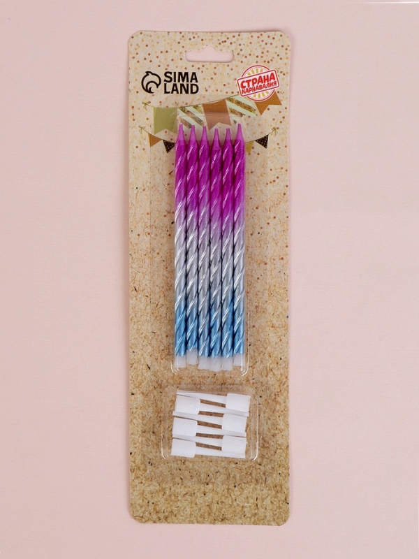 Свечи для торта "Высокая спираль", 6 шт, градиент розовый, серебристый, голубой