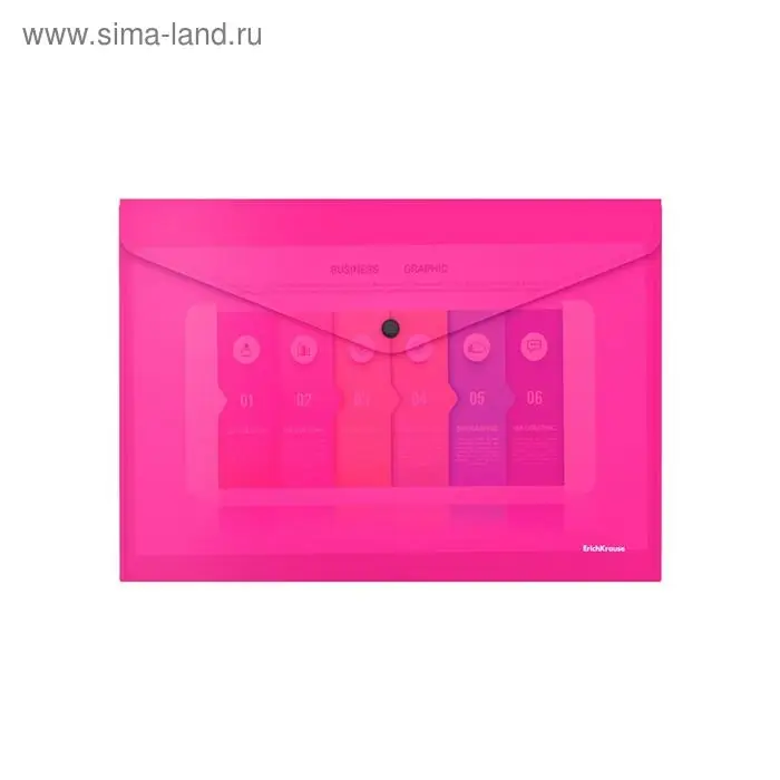 Папка-конверт на кнопке А4, 180 мкм, ErichKrause Glossy Neon, глянцевая, пластиковая, полупрозрачная, микс