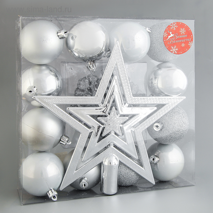 Набор украшений пластик с верхушкой 17 шт "Снежный" серебро