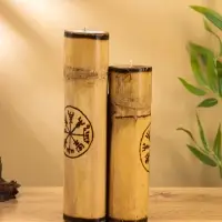 Свеча в бамбуке тройная &laquo;Руны&raquo;, 13&times;14&times;30 см, 100 мл, бежевая