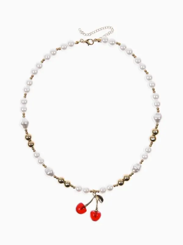 Кулон на жемчужных бусах "Вишня", цвет белый в золоте