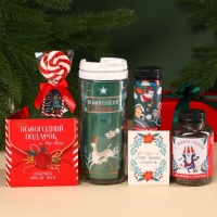 Гифтбокс «Новогодний подарок», чай, драже, шоколад, термостакан, леденец Гифтбокс «Новогодний подарок», чай, драже, шоколад, термостакан, леденец