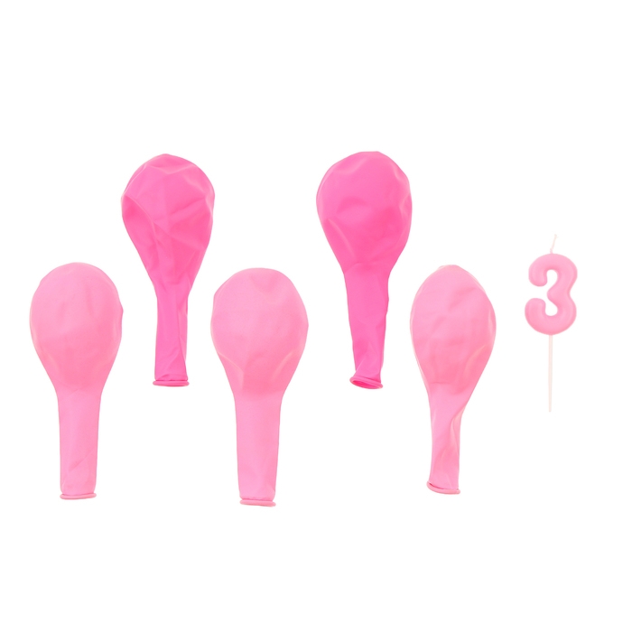 Свечи для торта + 5 шаров, цифра 3, розовая