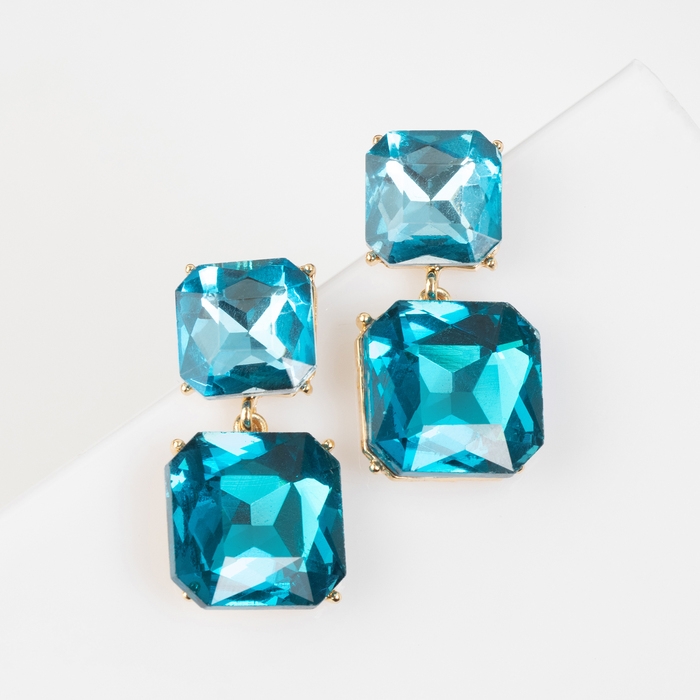 Серьги со стразами &laquo;Иллюзион&raquo; полутона квадраты, цвет бирюзовый в золоте