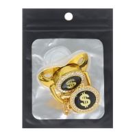 Соска - пустышка силиконовая ортодонтическая &laquo;Доллар&raquo;, от 6 мес., с колпачком + держатель - цепочка, цвет золотой/черный, стразы