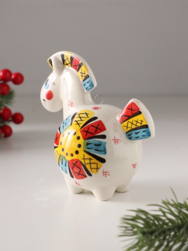Ёлочный фарфоровый шар "Лошадь Солнце Лоскутное" /авторская роспись/,  11 см