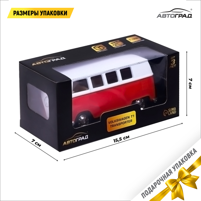 Машина металлическая VOLKSWAGEN TRANSPORTER T1, 1:32, открываются двери, инерция, цвет красный