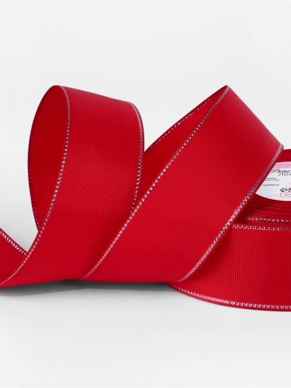 Лента репсовая 40мм*25&plusmn;1ярд(23м&plusmn;1м) серебряные нити №026 красный АУ