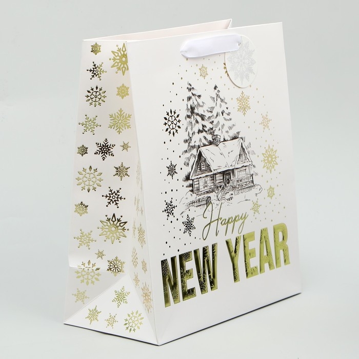 Пакет подарочный новогодний ламинированный вертикальный, конгревное тиснение &laquo;Новогодний домик&raquo;, ML 23 х 27 х 11.5 см, Новый год