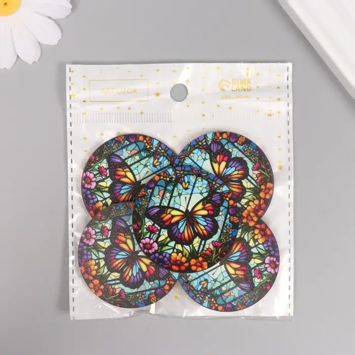 Декор для творчества дерево "Цветочная бабочка. Витраж" 4,6х4,6х0,3 см