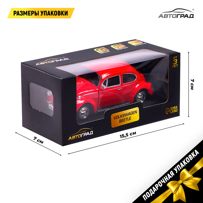 Машина металлическая VOLKSWAGEN BEETLE 1967, 1:32, открываются двери, инерция, цвет красный
