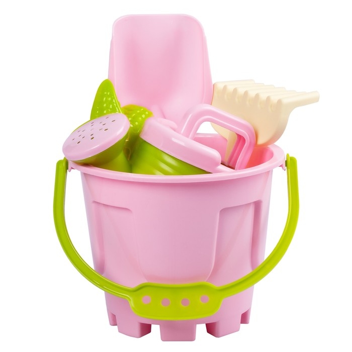 Песочный набор: ведро 1,2 л, лопатка, грабли, 4 формочки, лейка 0,2 л, розово-салатовый