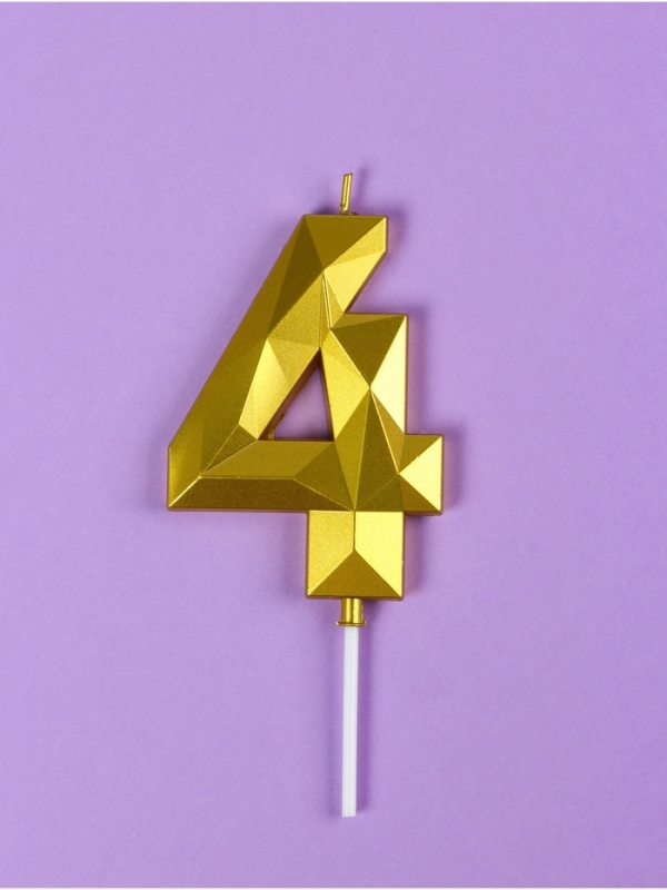 Свеча ГИГАНТ в торт на шпажке &laquo;Грань&raquo;, цифра "4", золотая, 9 см