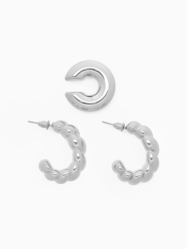 Набор серьги и каффы 3 шт. &laquo;Косичка&raquo; бублик, цвет серебро