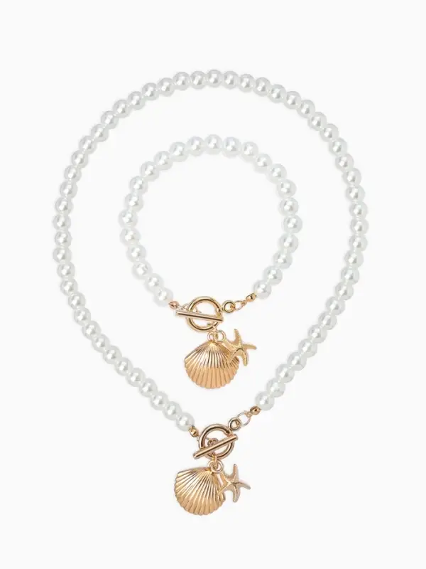 Набор 2 пред-та: бусы.браслет "Жемчуг", ракушка вонголе, цвет белый в золоте L=18/42см №8