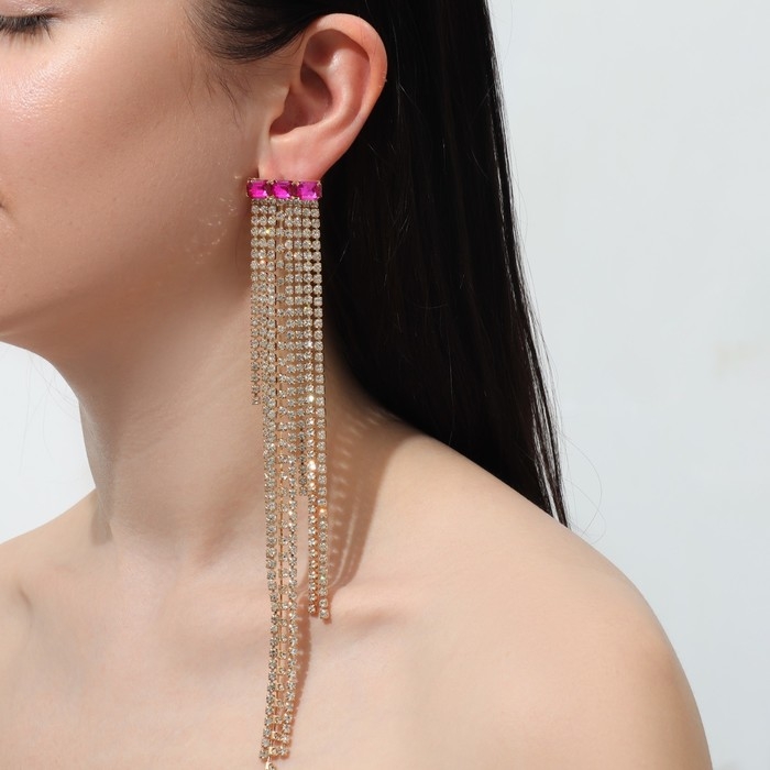 Серьги висячие со стразами «Мулен Руж» водопад, цвет розово-белый в золоте, 19 см Серьги висячие со стразами «Мулен Руж» водопад, цвет розово-белый в золоте, 19 см