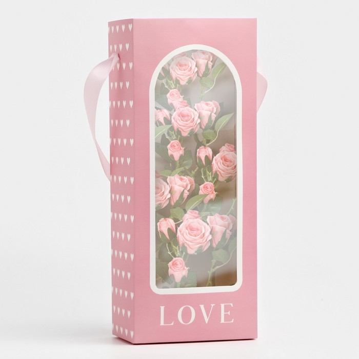 Пакет-переноска для цветов с пластиковым окном, Love, розовая, 30 х 12 х 8 см Пакет-переноска для цветов с пластиковым окном, Love, розовая, 30 х 12 х 8 см