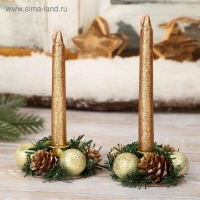 Свеча новогодняя с подсвечником "Шишки и шарики" (набор 4 шт) 3,5х11х15 см, золото