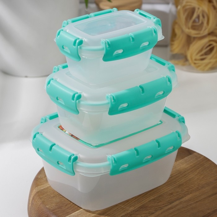 Набор пищевых герметичных контейнеров, 3 шт: 380 мл, 0,8 л, 1,5 л, прозрачные, крышка голубая