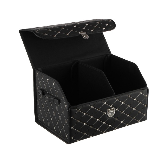 Органайзер кофр в багажник, C2R HT087, 48&times;30&times;30 см, экокожа, черный, бежевая строчка