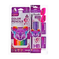 Набор карандашей ч/г 12 шт, цветные 12 шт, 2 точилки, 2 ластика, в папке на молнии  МИКС