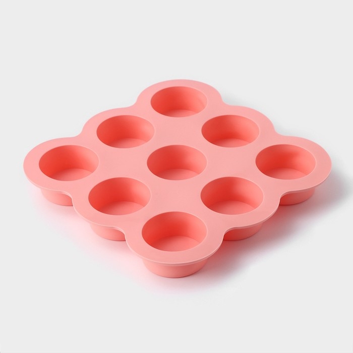 Форма для выпечки Доляна &laquo;Круг&raquo;, 15,5&times;15,5&times;2 см, 9 ячеек (d=3,8 см), цвет розовый