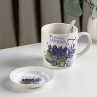 Кружка керамическая с ложкой на подставке &laquo;Лаванда&raquo;, 330 мл, рисунок МИКС