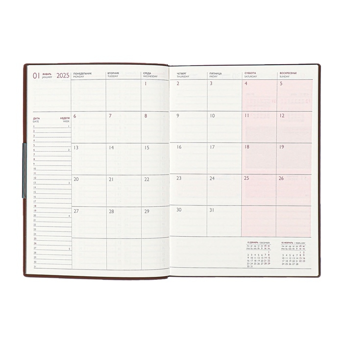 Еженедельник датир 2025г мягк обл иск кож А6+ 80л ESCALADA, тис ф, кр бл 70 г/м&sup2;, кор-ый