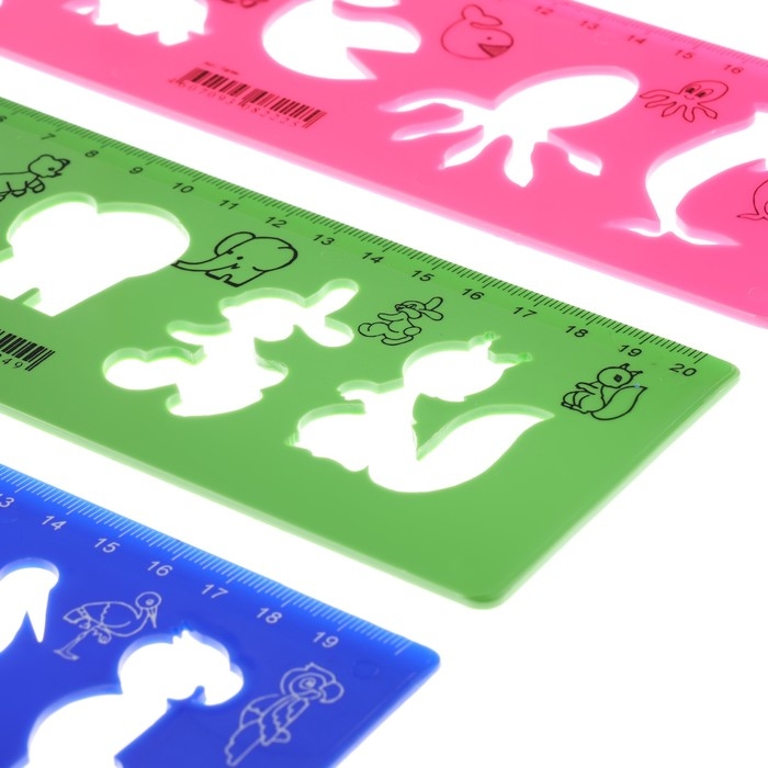 Набор трафаретов животные 3 штуки, Calligrata, + линейка 20 см, МИКС