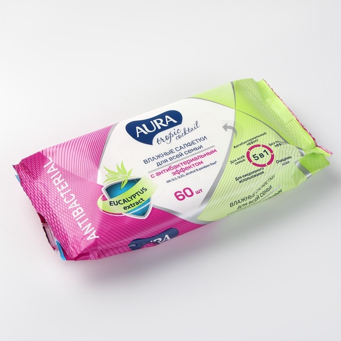 Влажные салфетки Aura Tropic Cocktail, c антибактериальным эффектом, 60 шт.