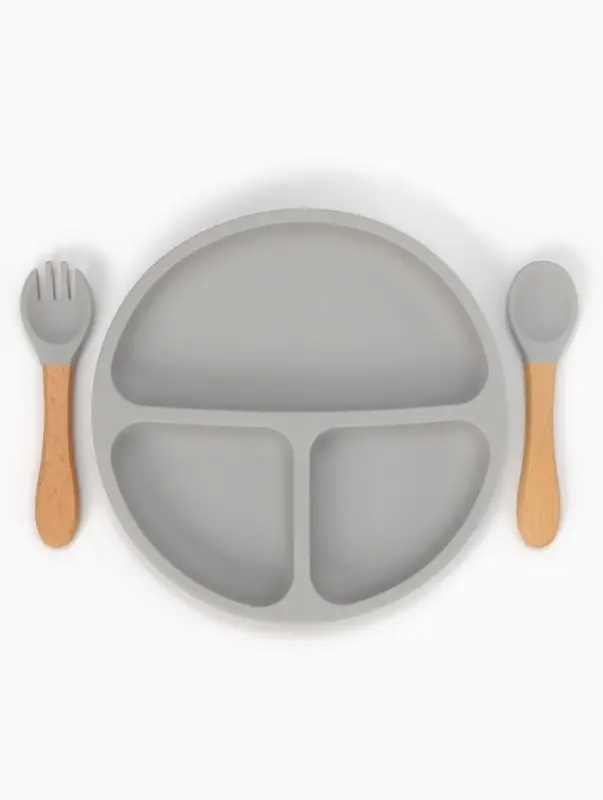 Тарелка детская секционная с ложкой и вилкой, 3 секции, серый, Mum&Baby
