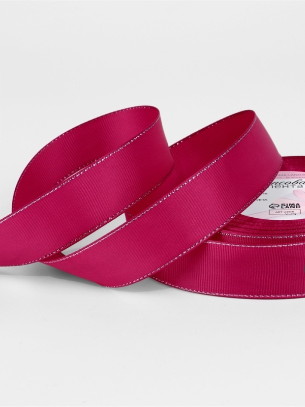 Лента репсовая 25мм*25&plusmn;1ярд(23м&plusmn;1м) серебряные нити №028 ярко-розовый АУ