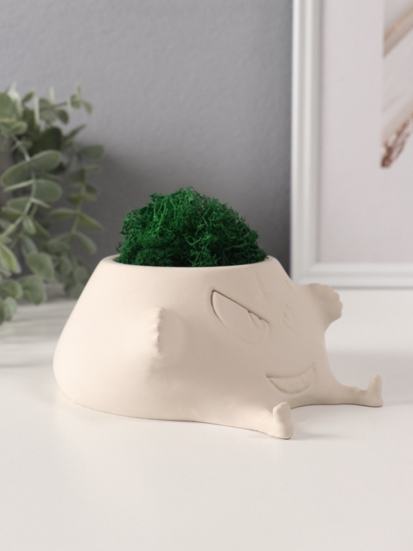 Кашпо бетонное "Злобный смех" со мхом 15,5*12,5*6 см белый (мох зеленый стабилизирован)