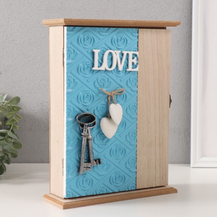 Ключница дерево 6 крючков "Роза. Ключи и сердце" голубой 6,5х20х26,5 см