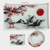 Набор для суши из стекла Доляна &laquo;Рассвет в горах&raquo;, 3 предмета: соусники 8&times;2 см, 8&times;6 см, подставка 25&times;15&times;2 см