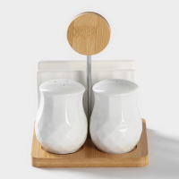 Набор фарфоровый для специй на бамбуковой подставке BellaTenero, 4 предмета: солонка 110 мл, перечница 110 мл, салфетница, подставка-держатель, цвет белый