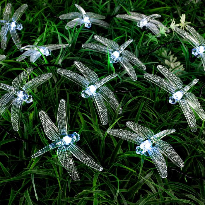 Гирлянда &laquo;Нить&raquo; 4.5 м с насадками &laquo;Стрекозы&raquo;, IP44, тёмная нить, 30 LED, свечение белое, 2 режима, солнечная батарея