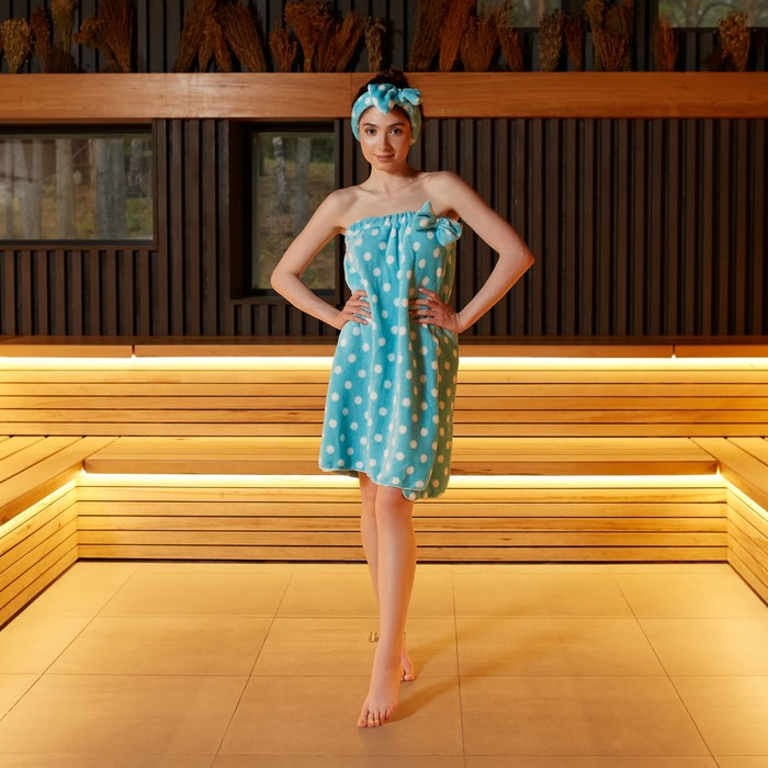 Набор для бани и ванной Этель Набор для бани и ванной Этель "Горох"полотенце-парео 75*120 см+повязка, цв.голубой