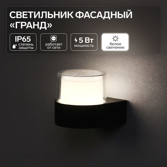 Светильник фасадный &laquo;Гранд&raquo;, FSD-039, 5 Вт, 4000К, IP65, 220 В, пластик, черный