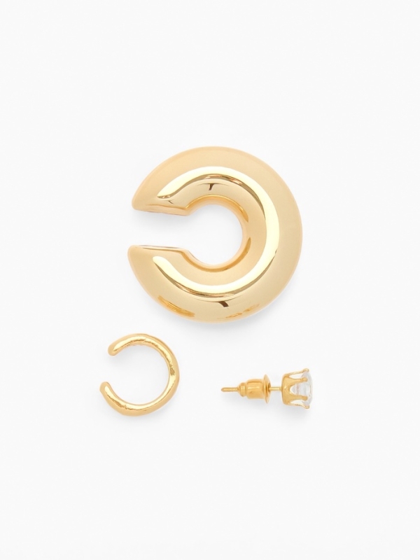 Набор серьги и каффы 3 шт., бублик и стразик, цвет золото