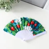 Веер пластик, текстиль "Вишня и цветки" МИКС 23 см