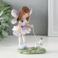 Сувенир полистоун "Малышка в сиреневом платье с крыльями, выгуливает собачку" 10х7х13 см