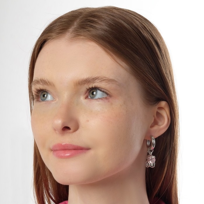 Серьги со съёмным элементом &laquo;Трансформер&raquo; мишка, цвет розовый в серебре