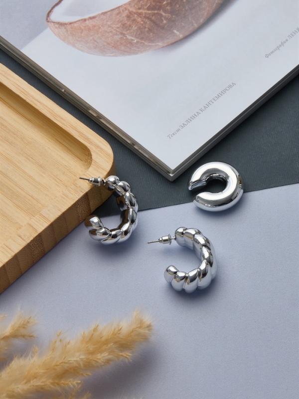 Набор серьги и каффы 3 шт. &laquo;Косичка&raquo; бублик, цвет серебро