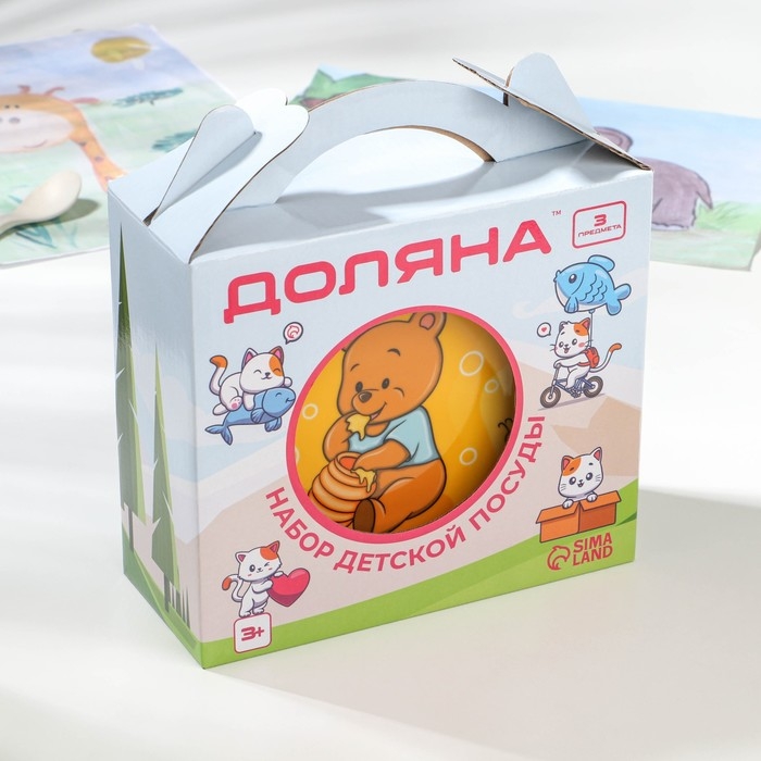 Набор детской посуды из керамики Доляна &laquo;Медвежонок и мёд&raquo;, 3 предмета: кружка 230 мл, миска 400 мл, тарелка d=18 см, цвет белый