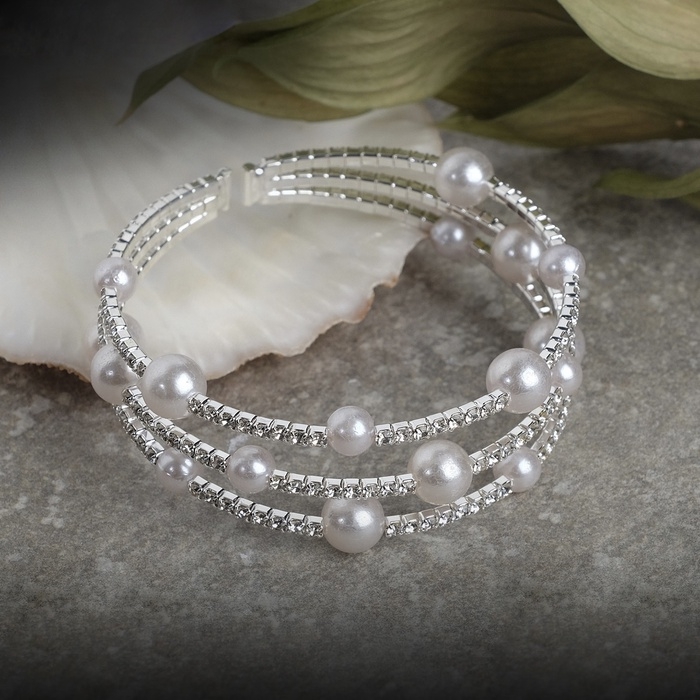 Браслет жемчуг &laquo;Пружинка&raquo; сияние,шар № 8 , цвет белый в серебре, L=5см