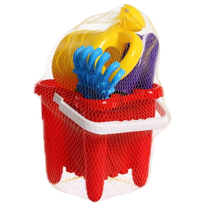 Набор для игры в песке №29: ведро-крепость, совок, грабли, 3 формочки, лейка