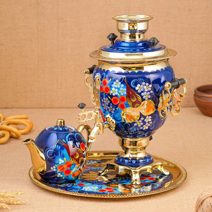 Набор &laquo;Птица на синем&raquo;, жёлудь, 3 предмета, самовар 3 л, заварочный чайник 0,7 л, поднос